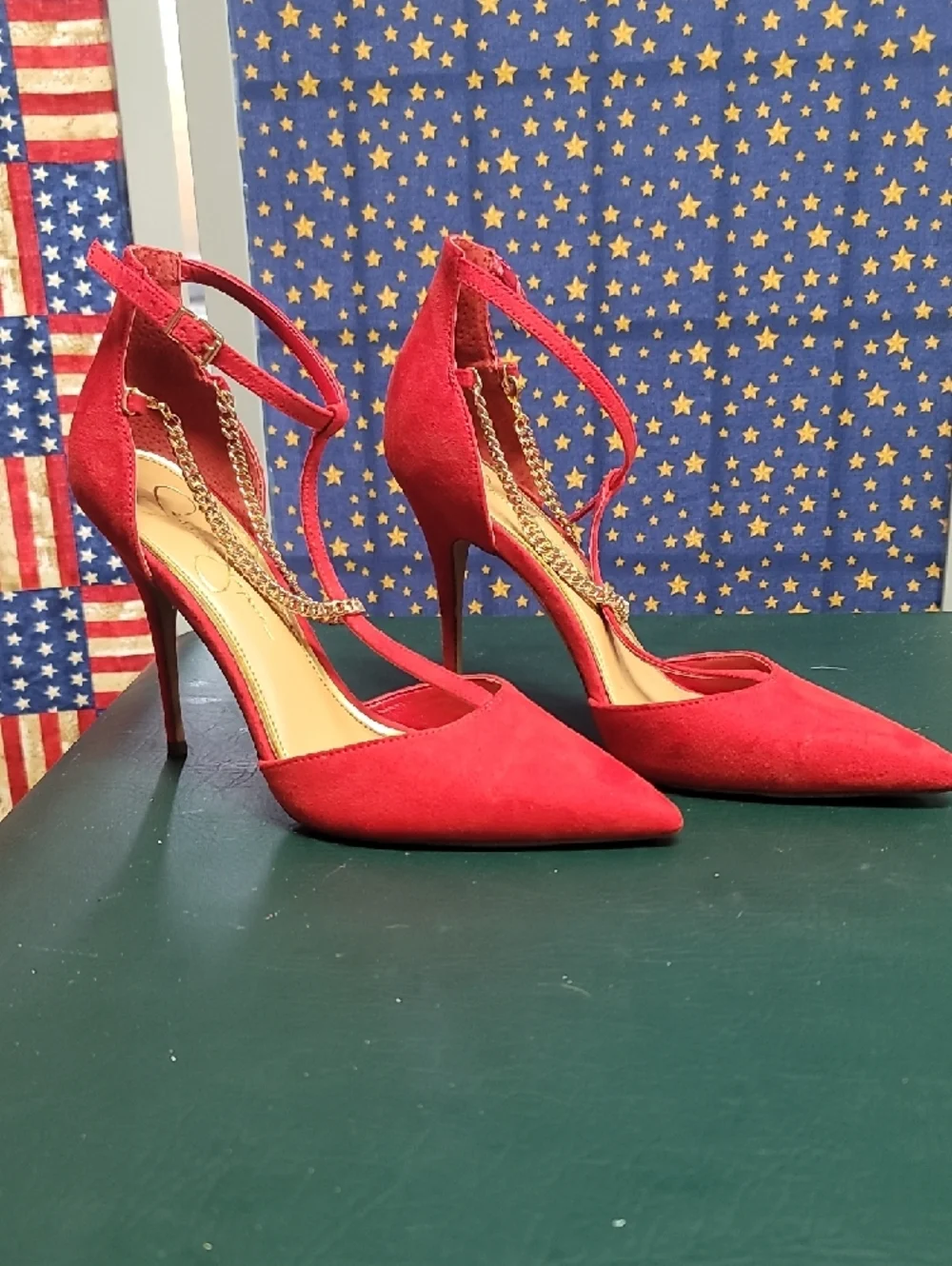 Red Suede Pointed-Toe Ankle-Strap Heels with Gold Chain - Picture 2 of 4